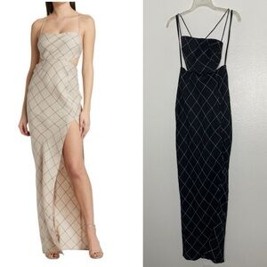 RUMER Quinn Black Criscross Back Front Slit Linen Maxi Dress Checkered Small New